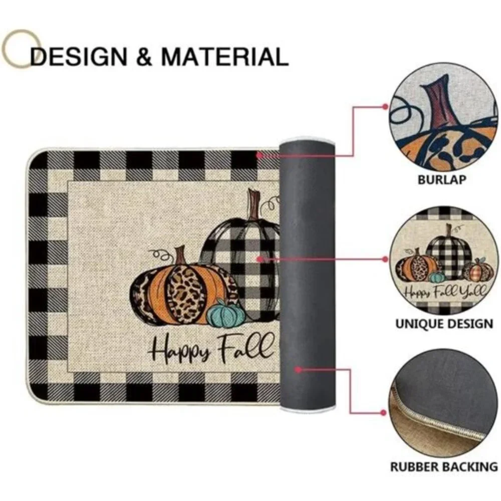 Happy Fall Y'all Doormat Buffalo Check Plaid Pumpkin Door Mats Autumn 17x29 inch